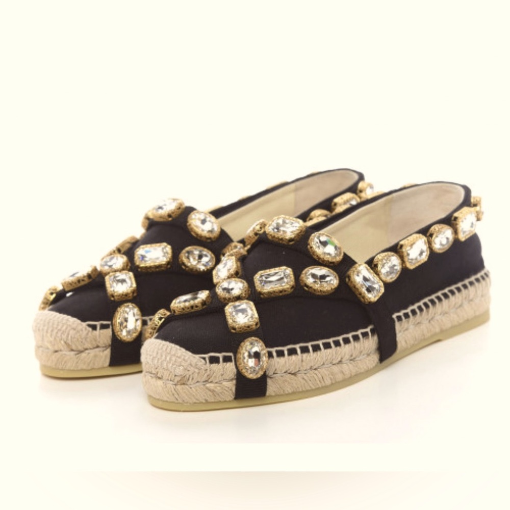 New- Gucci Black Canvas Crystal Embellished Round Toe Pepita Espadrille Flats